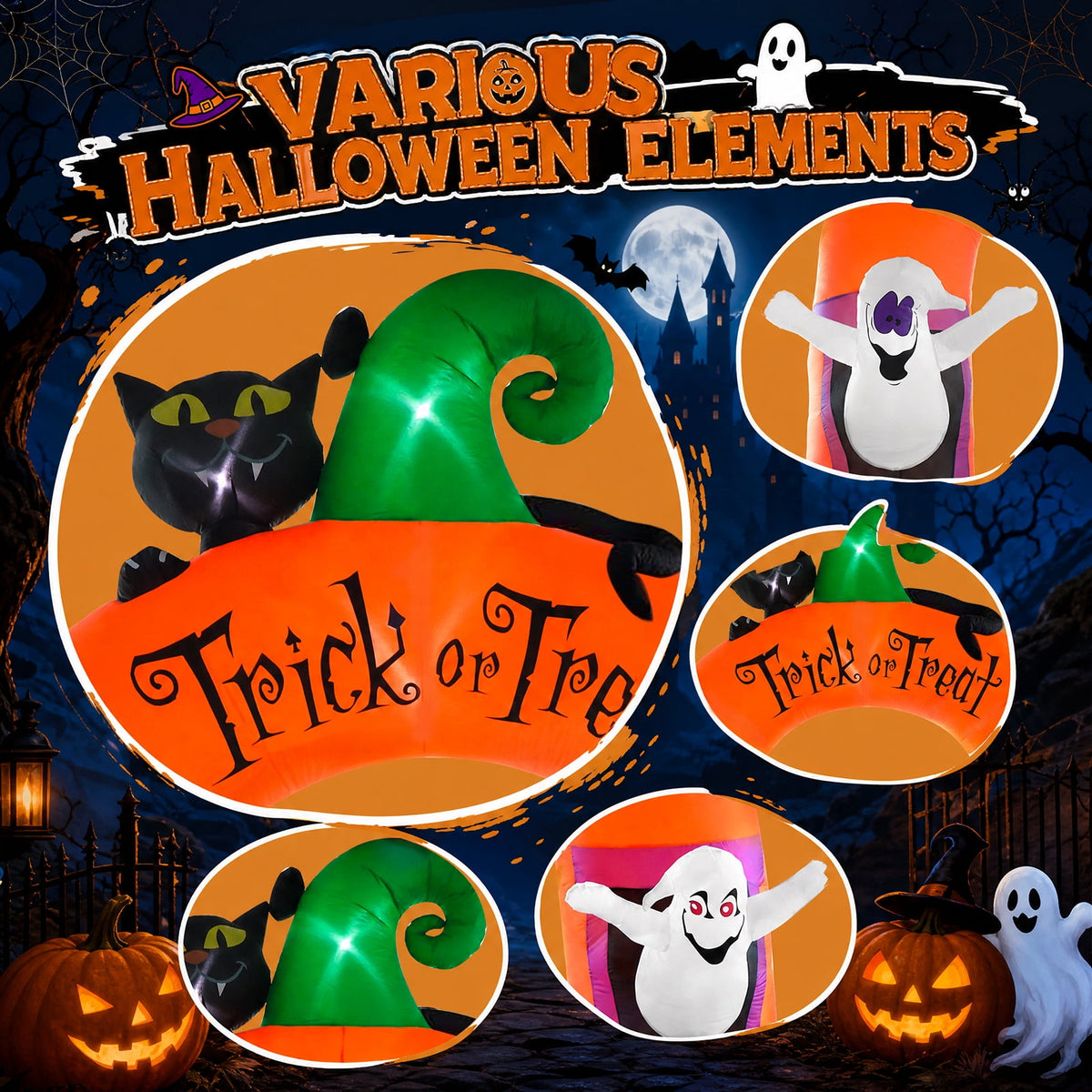 VETPW 10FT Large Halloween Inflatable Archway Decoration, Halloween Blow Up Lighted Archway with Ghost & Black Cat & Cornucopia, Trick & Treat Yard Garden Patio Lawn Outside Decor