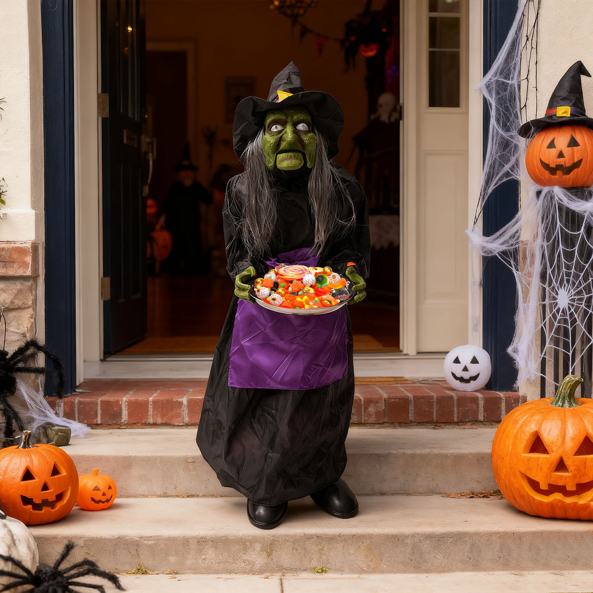 39.37" Animated Halloween Witch Candy Holder, Halloween Decorations, Life-Size Witch with Light-Up Eyes, Moving Jaw & Sound for Yard & Porch Decor