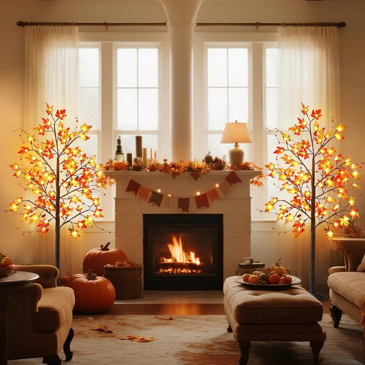 2 Pack LED Lighted Maple Tree, 5 FT Lighted Artificial Tree for Thanksgiving Harvest Fall Festival Halloween Home Party Decoration