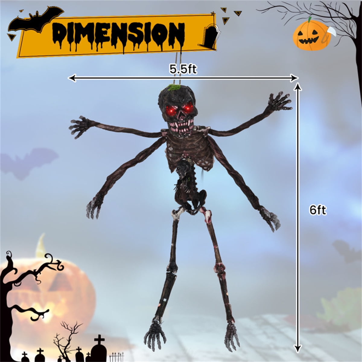 Animated 6ft Halloween Skeleton with Spooky Sounds and Red Eyes Hanging Prop for Yard Decor