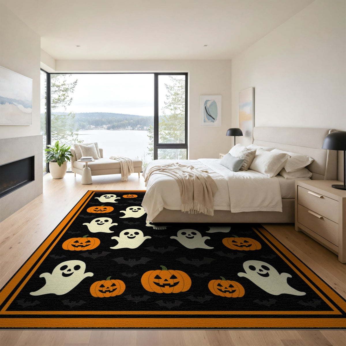 ODIKA Retro Halloween Welcome Featuring Ghosts Pumpkins Bats Skulls Non-Slip Flatwoven for Living Room, Under Sectional, Family