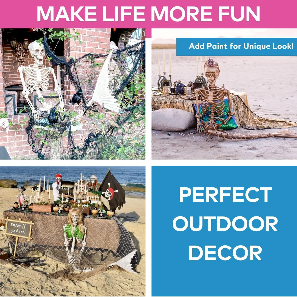 73" Life Size Mermaid Skeleton Halloween Decorations Outdoor - 6 Ft Posable Skeleton Decor for Indoor & Outdoor Halloween Props | Giant Plastic Skeleton for Yard, Porch & Party Display