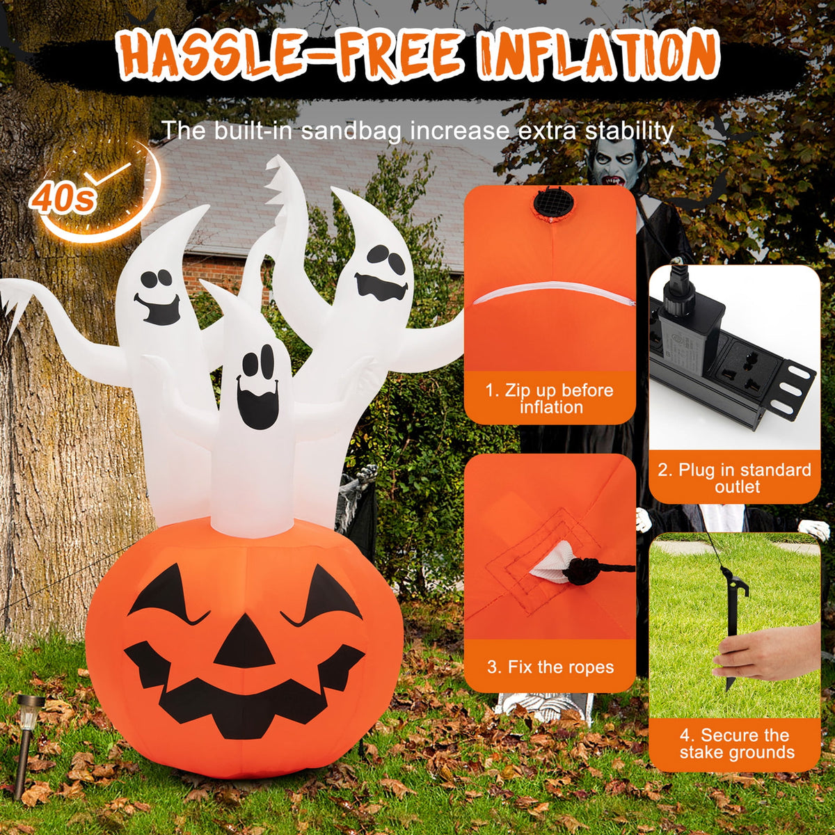Gymax 6' Halloween Ghost Blow Up Yard Pumpkin Decor w/ Built-in LED & Blower