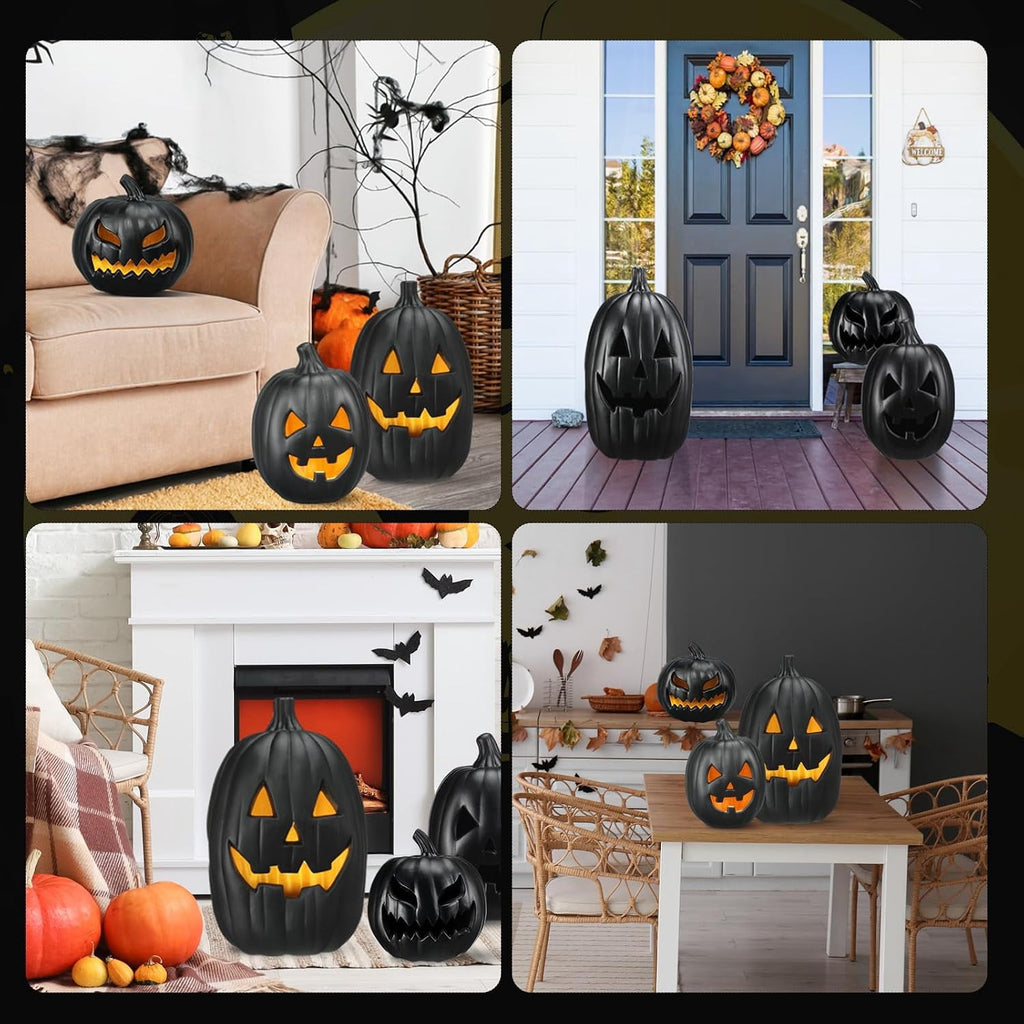 3 PCS Black Jack o Lantern Decoration, Halloween Plastic Vintage Pumpkin Decor with Light for Indoor & Outdoor - Holiday Party Fireplace Mantle Porch, Battery Not Include