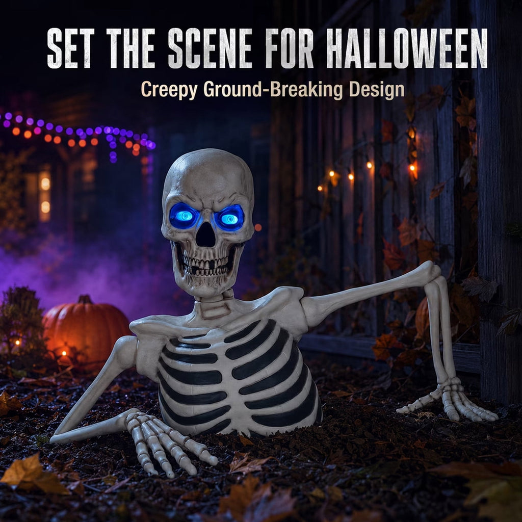 Halloween Groundbreaker Skeleton Statue, 11.8in Light Up Blue LED Eyes Skeleton Ground Breaker Outdoor Yard Lawn Porch Decor Gift