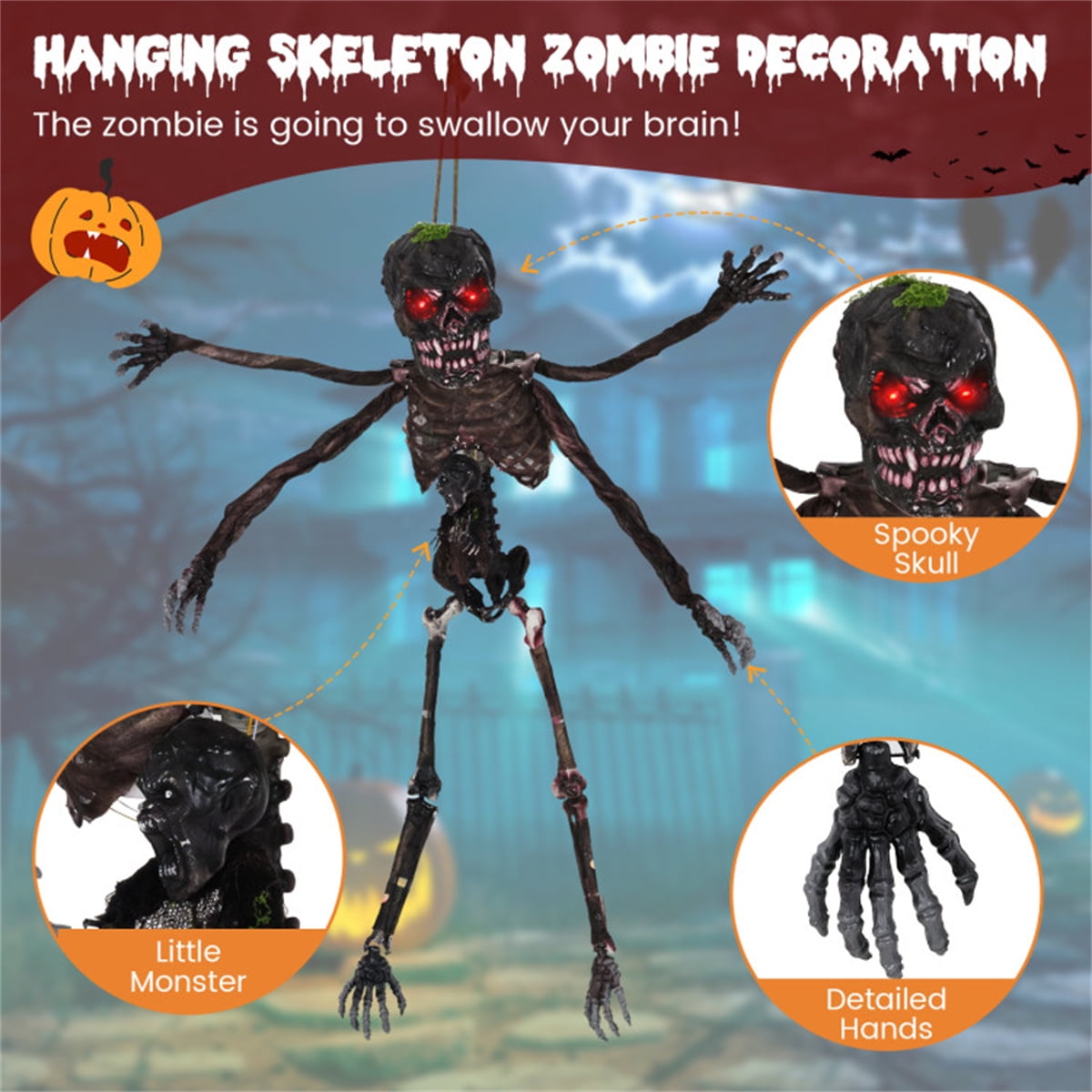 Animated 6ft Halloween Skeleton with Spooky Sounds and Red Eyes Hanging Prop for Yard Decor