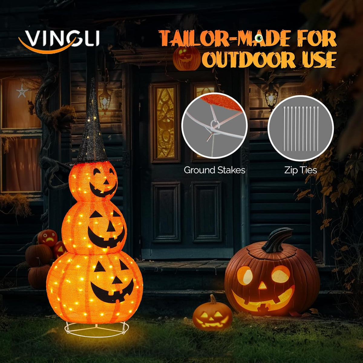 VINGLI 4FT Scary Lighted Halloween Decorations Outdoor, Pop Up Halloween Ghost Decorations, Light Up Ghost Decor with Pre-lit 135 LEDs, Cute Broom, Black Hat for Porch Yard Lawn Patio