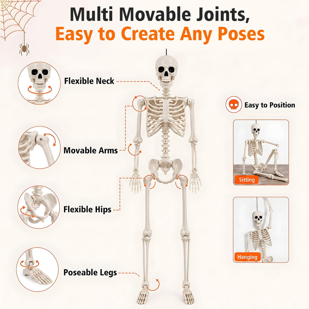 THE BRIVE 5.4ft Life Size Poseable Halloween Skeleton, Movable Joint Plastic Prop for Yard Porch Party Decor