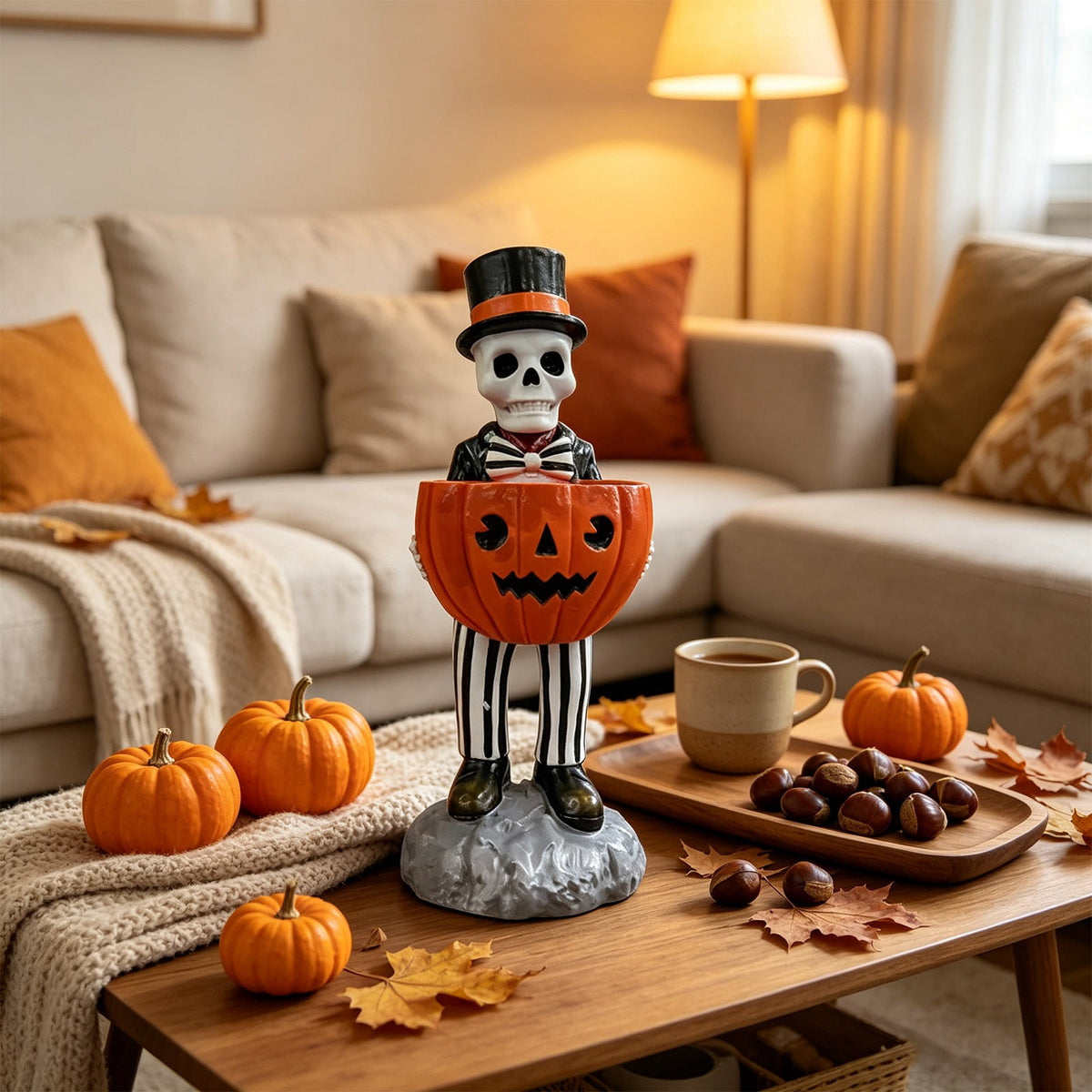 Halloween Decorations Skeleton Candy Bowl Statue Spooky Skull Top Hat Figurine Resin for Front Door Porch Mantel Entryway Table Home Party Decor