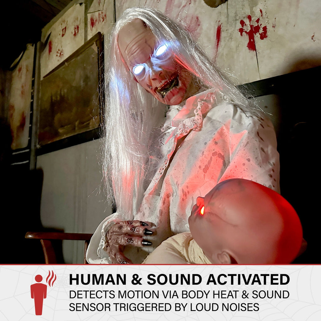 Haunted Hill Farm Life-Size Animatronic Gravely Granny by Tekky Halloween Decoration, 2.9-Ft.