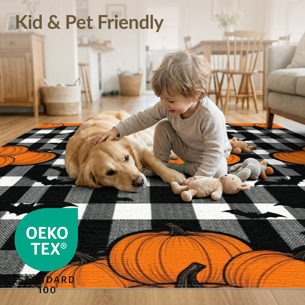 ODIKA Halloween Spooky Pumpkin Phantom Striped Entrance Door Doormat for Playroom, Bedroom, Reading Nook, Pet Friendly & Kids Safe Play
