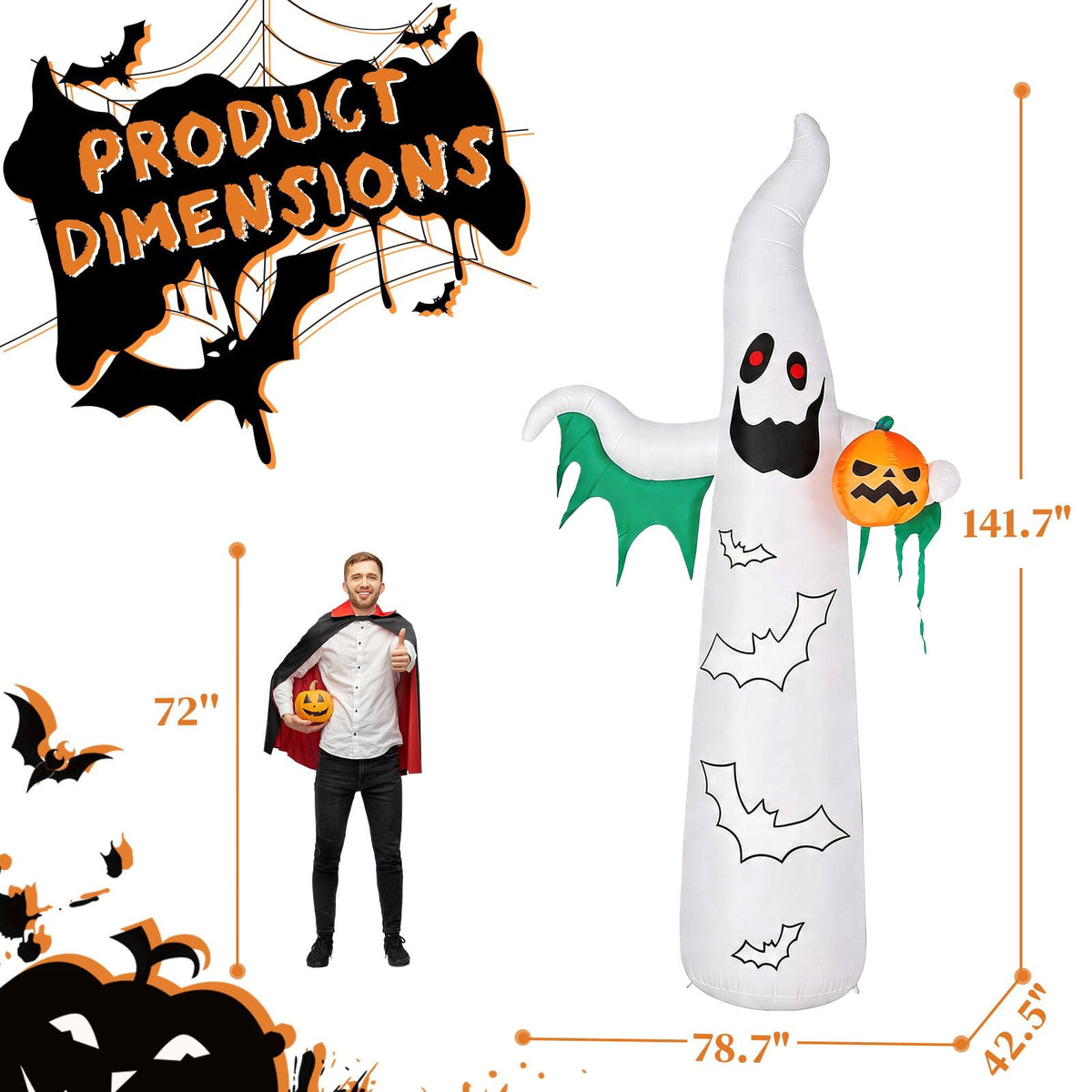 12FT Inflatable Ghost and Bat with 4 LED Lights 82 String Lights Flashing Halloween Yard Decor