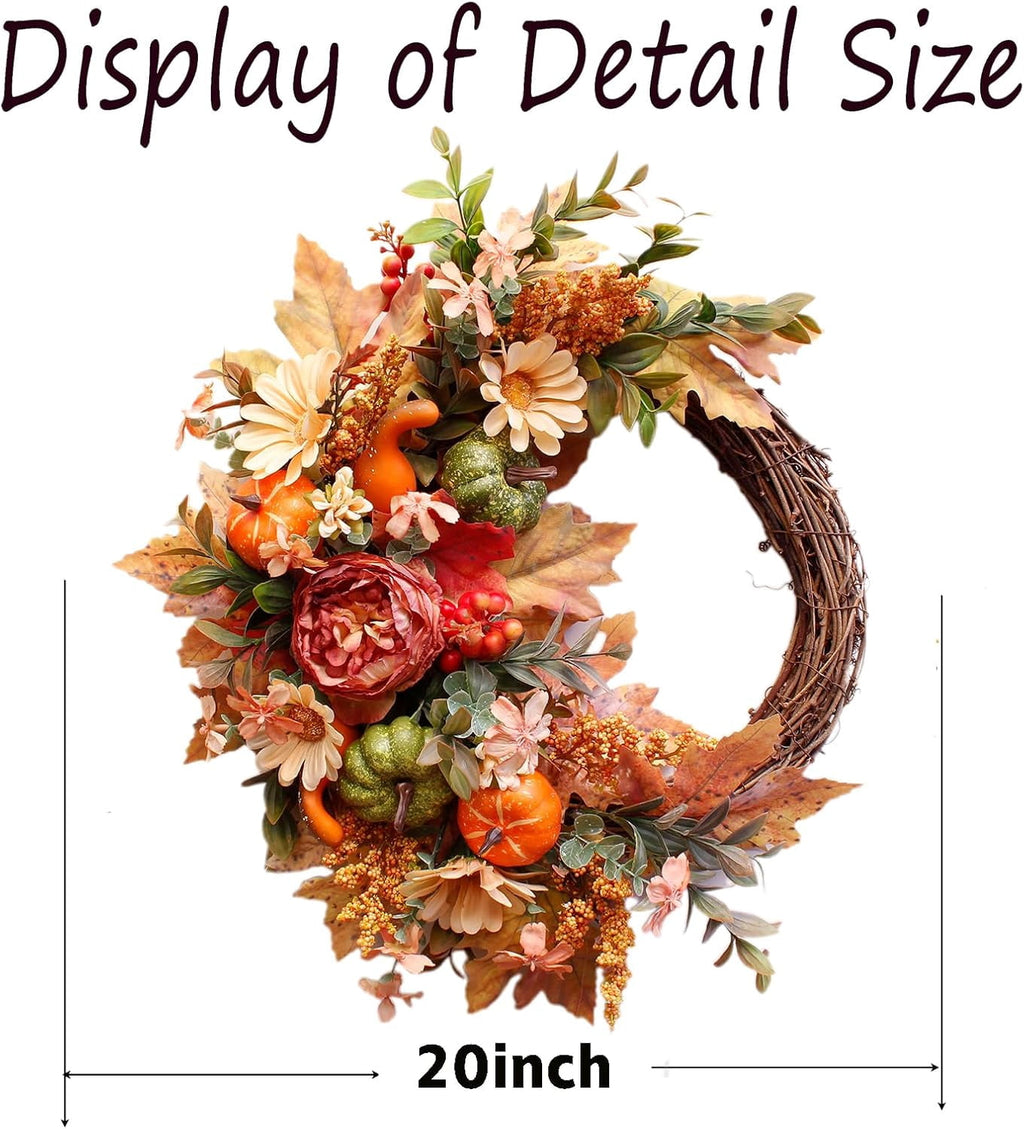 24 Inch Fall Wreaths for Front Door Outside, Fall Door Wreath with Pumpkins,Dahlia,Sunflowers, Maple Leaves,Autumn Wreaths Decorations for Harvest Thanksgiving Halloween Indoor Outdoor Home Decor