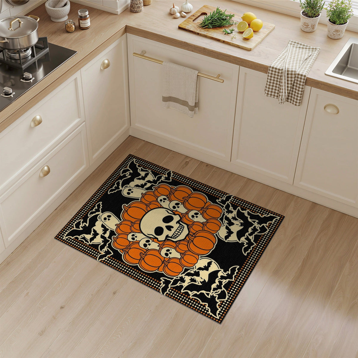 ODIKA 8'x10' Washable Area Rug Halloween Harvest Spirits Grinning Lantern Entrance Doormat Door for Living Room, Under Sectional, Family , Durable, Non-Slip