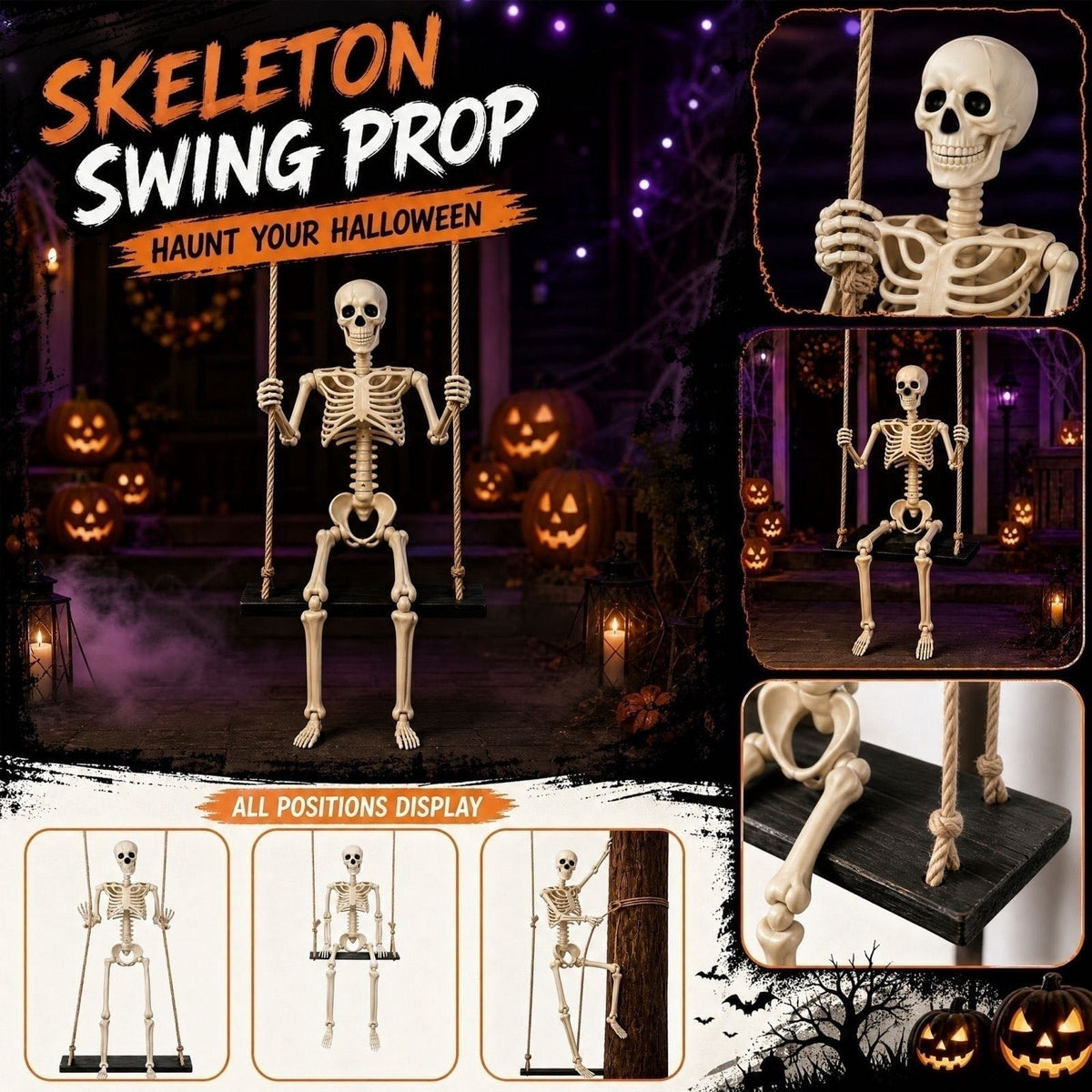 XHKUYI Halloween Swinging Skeleton Decoration 35.4 inch, Hanging Skeleton with Black Wood Base, Spooky Halloween Skeleton Decorations for Yard, Porch, Tree, Party