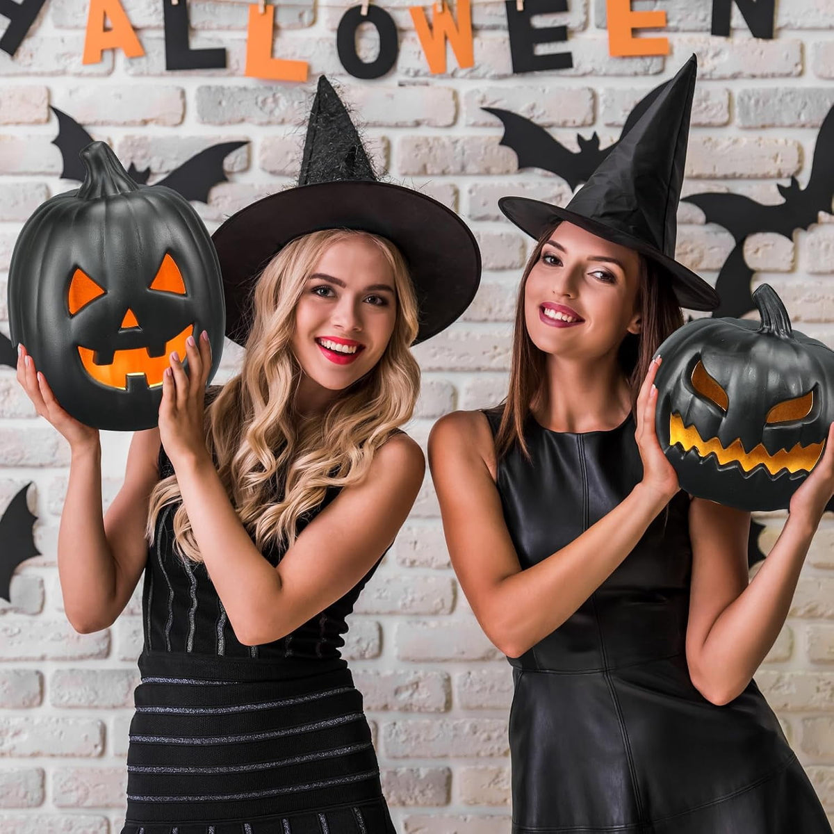 3 PCS Black Jack o Lantern Decoration, Halloween Plastic Vintage Pumpkin Decor with Light for Indoor & Outdoor - Holiday Party Fireplace Mantle Porch, Battery Not Include