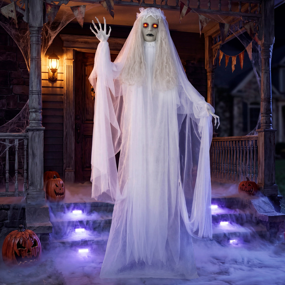 Joyfy 67"(5.6ft) Standing Grim Reaper with Chain, Large Halloween Decorations Outdoor, Life Size Animatronics Skelton, Sound-Actived Party Decor with Creepy Sound & LED Eyes, Scary Haunted House Prop