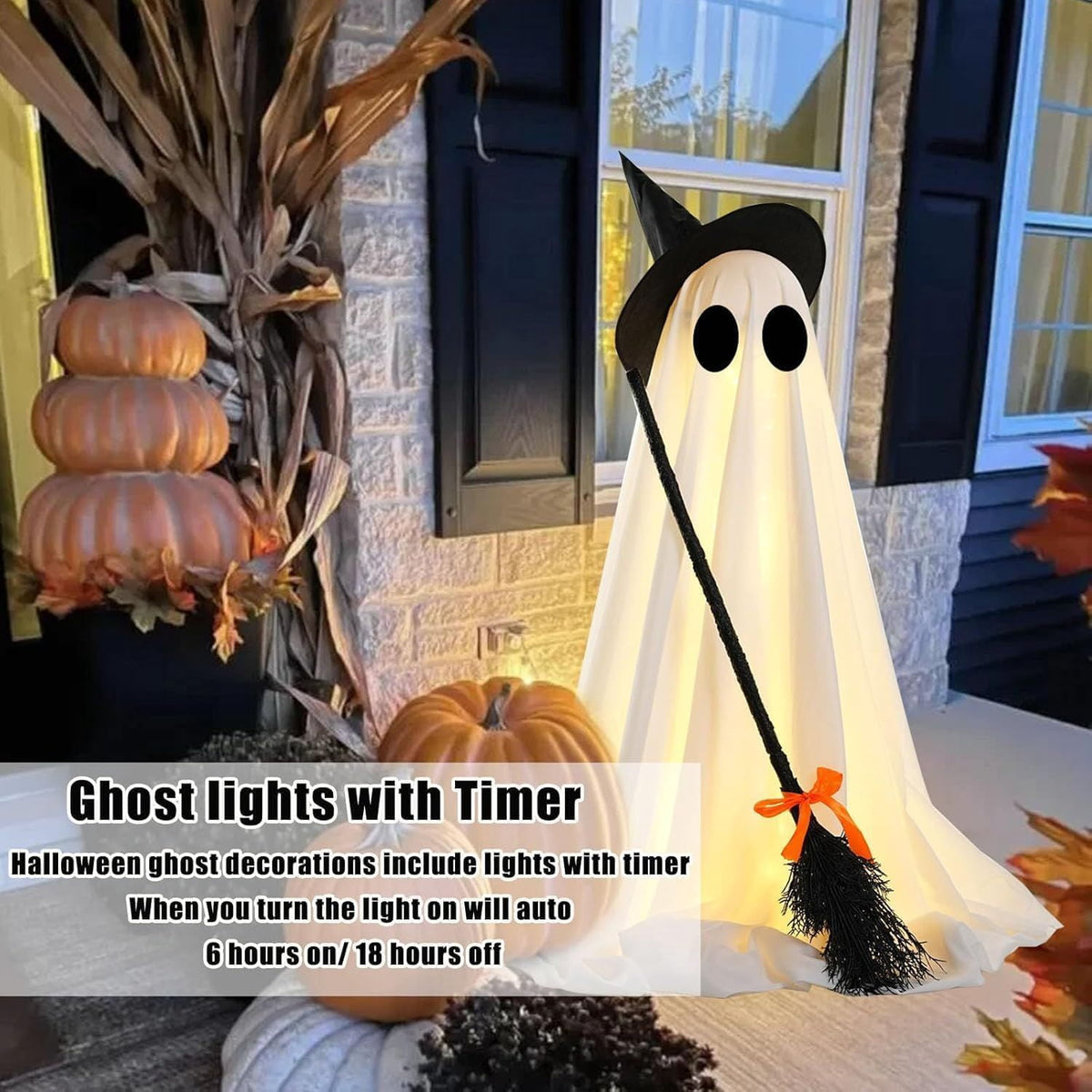 LED Light Up Ghost Decoration with Witch Broom and Timer for Halloween