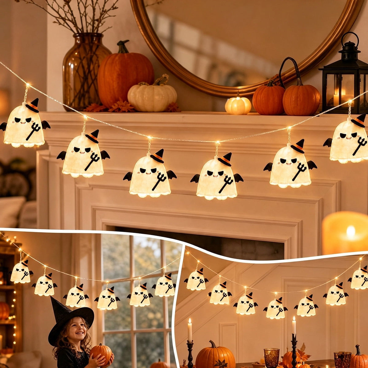 AZXY Halloween Stacked Lighted Pumpkin Figurine, Skeleton Cut‑Out Pumpkin Lamp, Spooky Holiday Floor Ornament, Halloween Yard Party Decoration for Porch Yard Living Room Use
