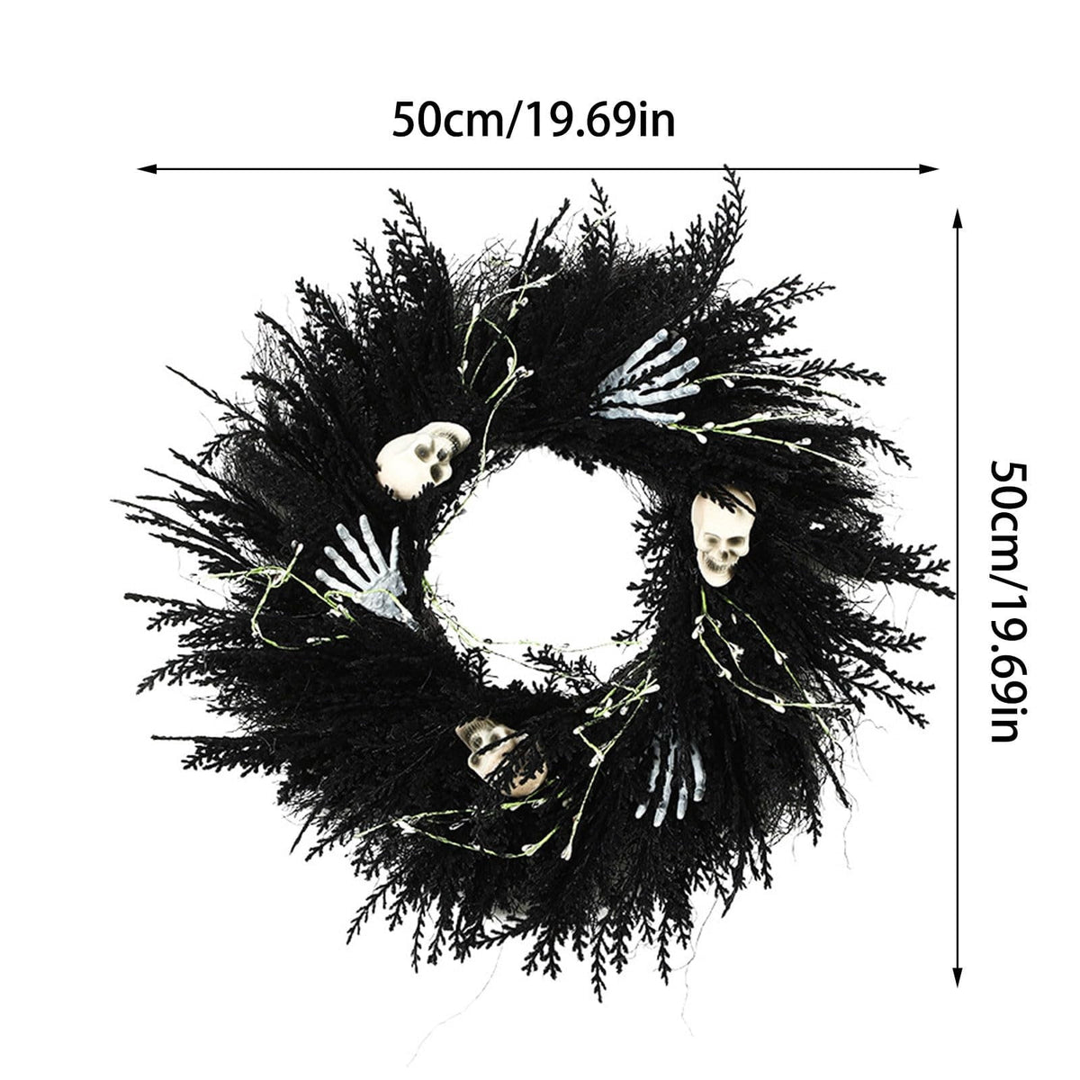 XHKUYI Halloween Skeleton Wreath 19.7 Inch, Black Skull Hand Halloween Wreath with Bone Details and Spooky Round Door Accent, for Front Door, Porch Wall, Haunted House Party, Indoor Entry Decor