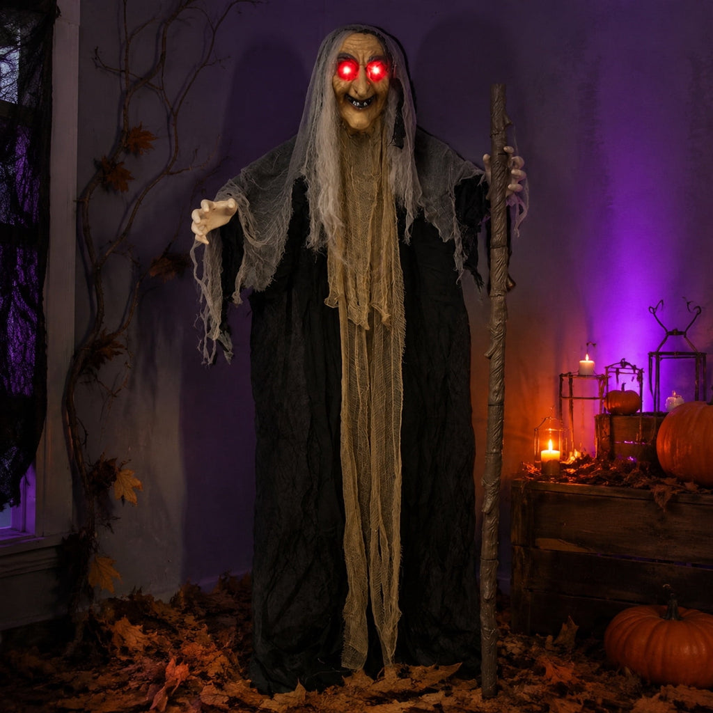 Voglyf Life-Size Scary Poseable Talking Witch 5.6FT, Red LED Glowing Eyes Scary Hag Prop with Wooden Staff, Tattered Gray Cloth Robe Witch for Front Yard Porch Haunted Spooky Party Decor