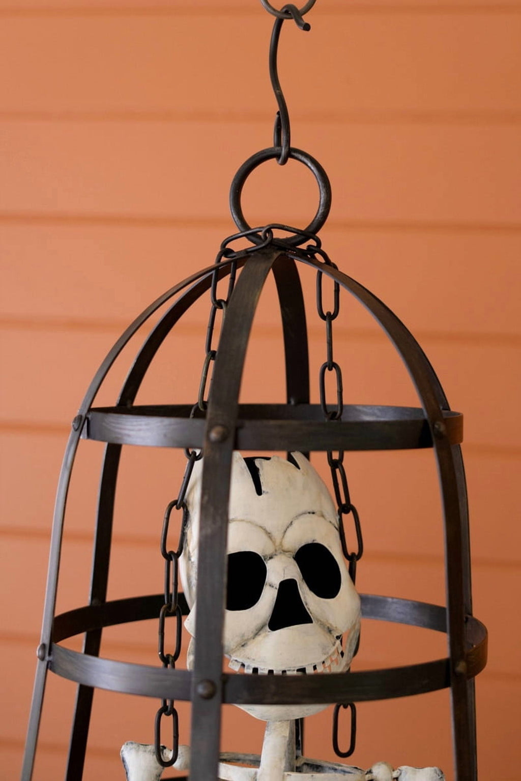 Kalalou Halloween Skeleton in a Cage – Oversized Iron Sculptural Haunted Décor