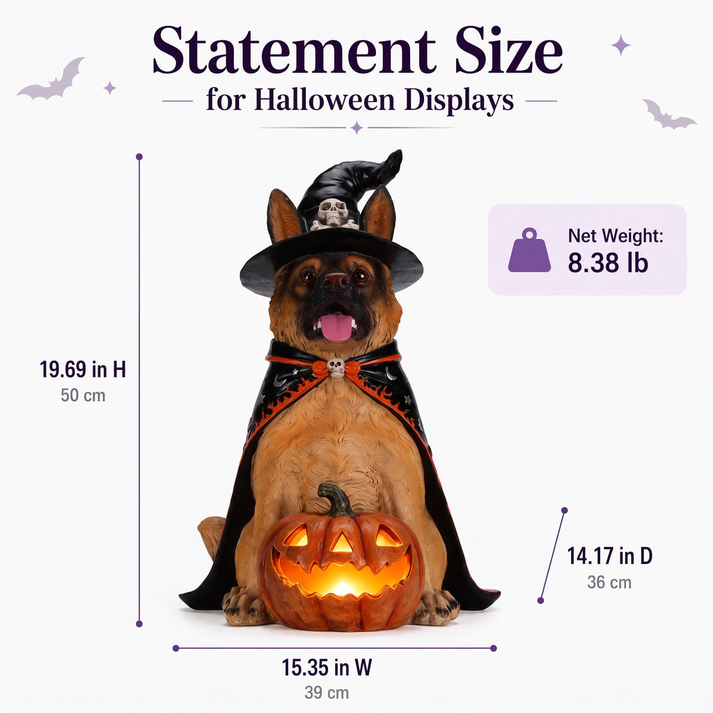 A7Store Halloween Golden Retrieve Dog Indoor Outdoor Porch Statue with Lighted Pumpkin, Pink Witch Hat and Cape