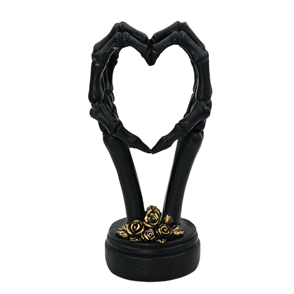3Pcs Halloween Skeleton Heart Hands Sculpture, Resin Abstract Bone Finger Gesture Statue with Floral Ornament Base, Gothic Home Desktop Decor for Shelf, Mantel, Dressing Table and Party Display