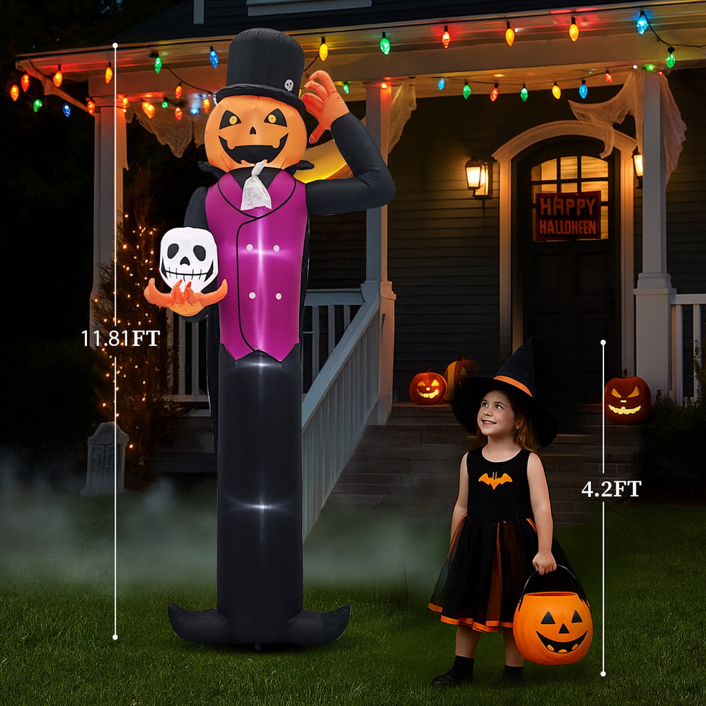 UBesGoo 12' Halloween Inflatable Blow Up Decorations, Pumpkin Man Holding Skull Built-in LEDs for Holiday Party