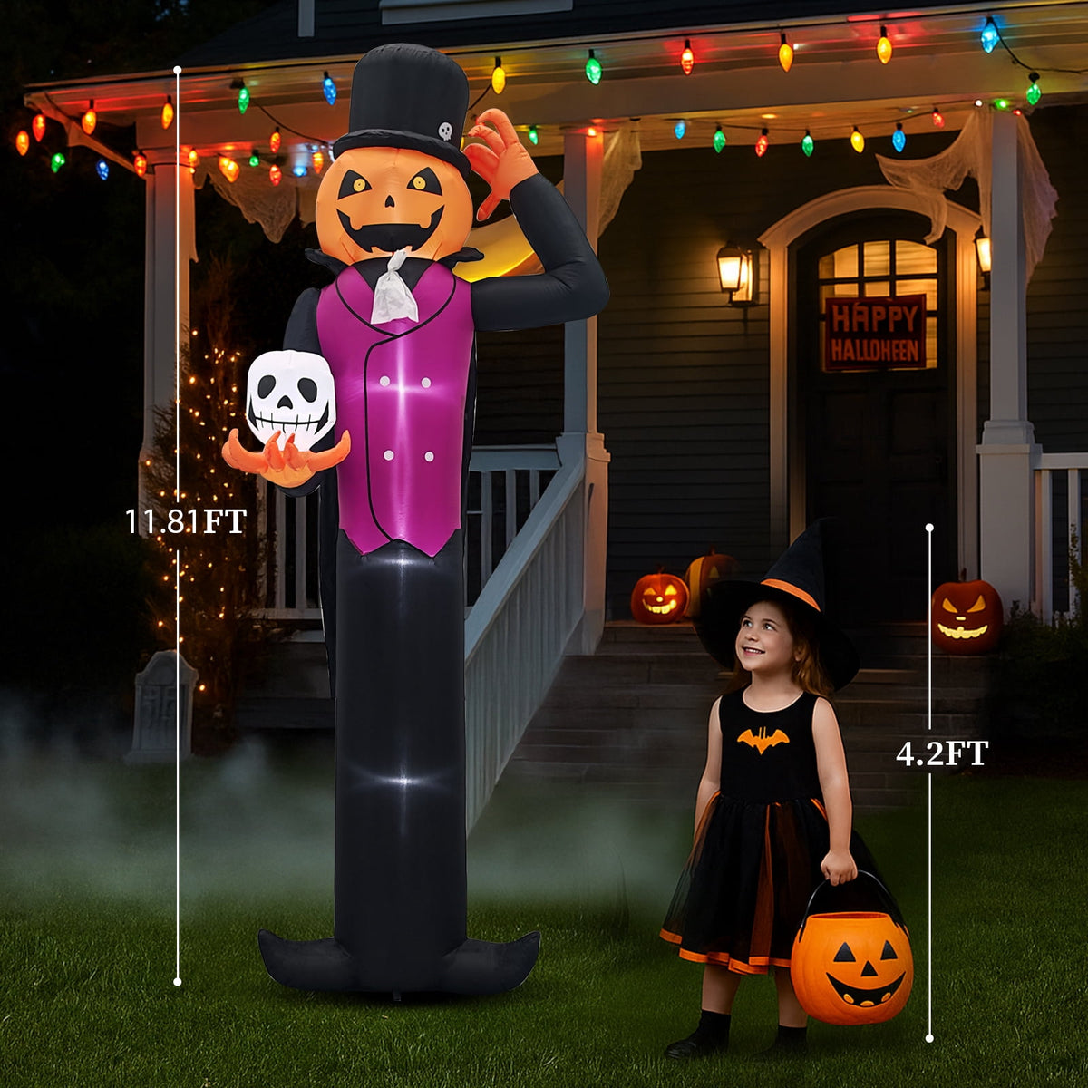 UBesGoo 12' Halloween Inflatable Blow Up Decorations, Pumpkin Man Holding Skull Built-in LEDs for Holiday Party