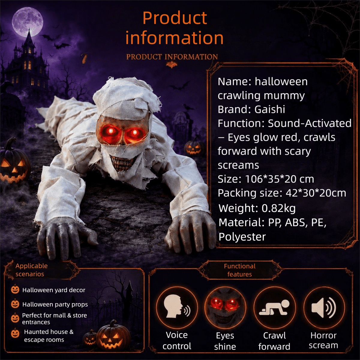 Halloween Crawling Mummy Animatronic Decoration, Sound-Activated with Red Glowing Eyes & Scary Sounds