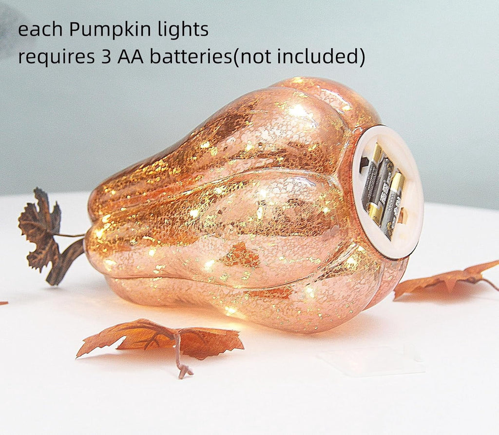 Mercury Glass Pumpkin Lights with Timer, Battery Operated Led Pumpkin Lights for Halloween Fall,Thanksgiving Rustic Decor (Rosegold Leafy, 11")