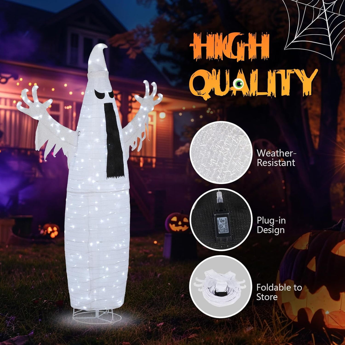 VINGLI 4FT Scary Lighted Halloween Decorations Outdoor, Pop Up Halloween Ghost Decorations, Light Up Ghost Decor with Pre-lit 135 LEDs, Cute Broom, Black Hat for Porch Yard Lawn Patio