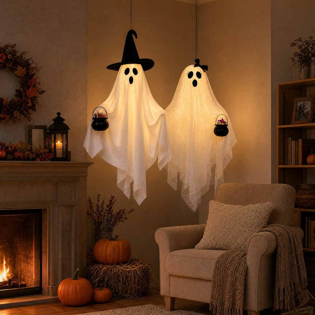 2 Pack Light Up Standing Tulle Ghost Halloween Decorations with Witch Hat, Warm LED Fairy Light Ghost Yard Stakes, Spooky Cute Ghost Outdoor Lawn Porch Mantel Home Halloween Party Decor
