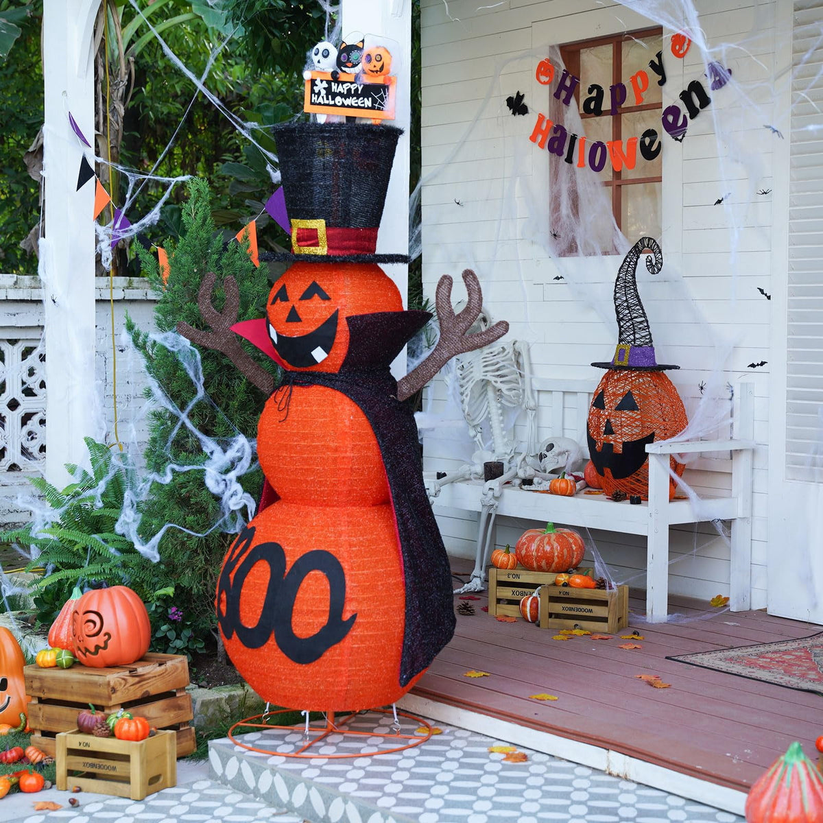 MARACOL 5FT Halloween Pumpkin Decorations Outdoor, 90 LED Pre-Lit Pop-Up Halloween Pumpkin Giant Collapsible Jack-o'-lantern Cute Pumpkin Decor with Cloak & Magic Hat for Outdoor, Yard, Porch