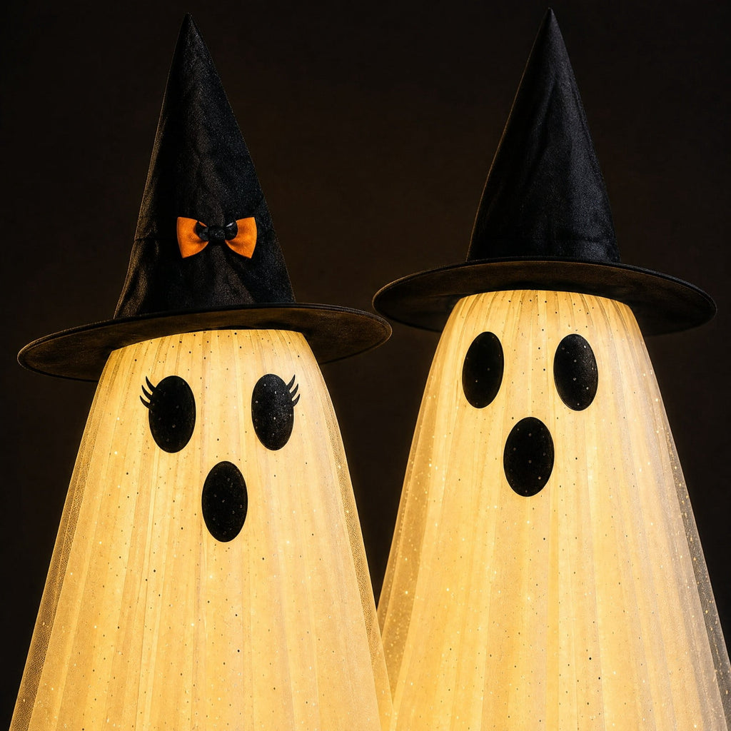 2 Pack Light Up Standing Tulle Ghost Halloween Decorations with Witch Hat, Warm LED Fairy Light Ghost Yard Stakes, Spooky Cute Ghost Outdoor Lawn Porch Mantel Home Halloween Party Decor