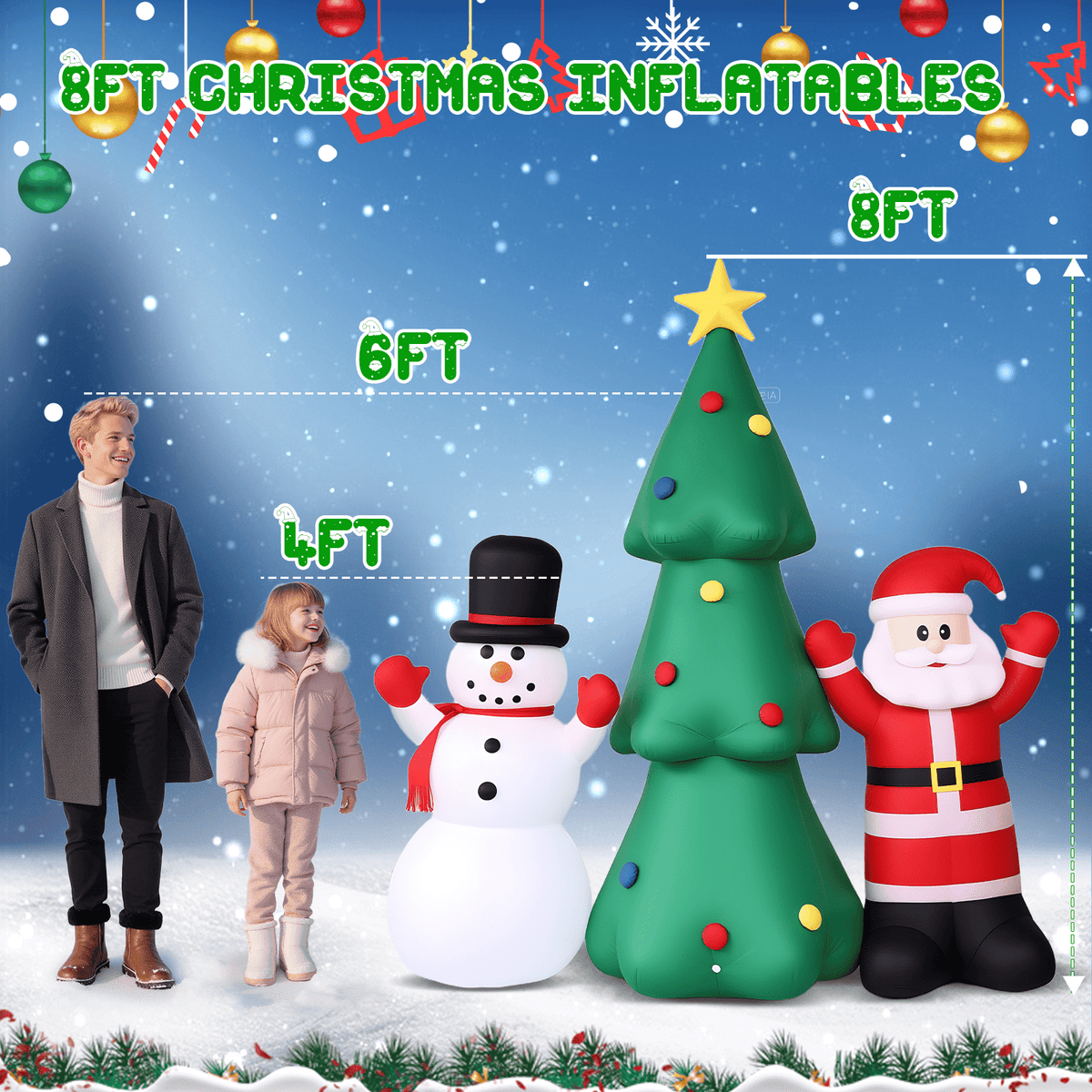 8FT Christmas Inflatable Snowman, Built-in light up for Indoor Outdoor Decoration Xmas Party Decor