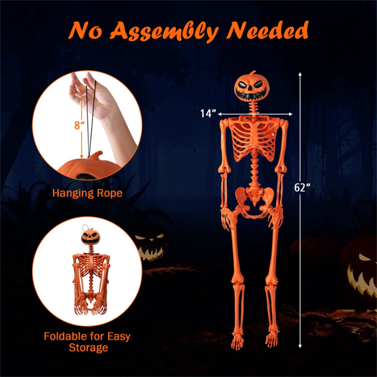 5.5ft Life-Size Halloween Skeleton with Pumpkin Head, Orange, PP+PE Material