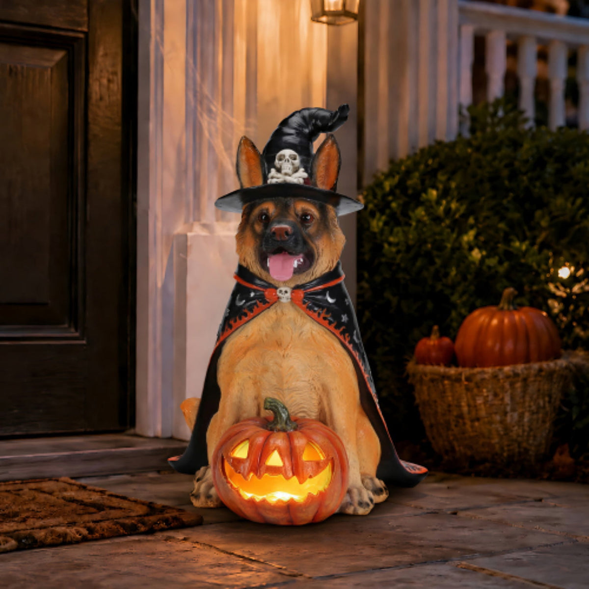 SpookHaven Halloween Jack‑O‑Lantern Pumpkin Mist Sprayer Figurine, LED Light‑Up Fogger with Witch Hat & Skull Decoration, Spooky Ornament for Tabletop Entryway Halloween Party Home Decor