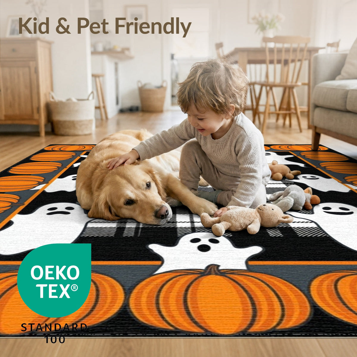 ODIKA Halloween Spooky Pumpkin Phantom Striped Entrance Door Doormat for Playroom, Bedroom, Reading Nook, Pet Friendly & Kids Safe Play