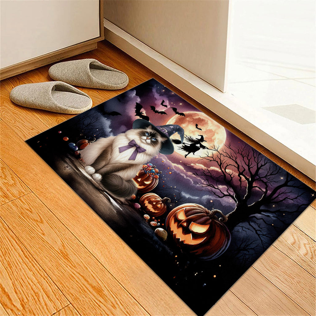 Spooky Halloween Night Witch Maine Coon Glowing Pumpkins Indoor Rug Cat Lover Kitten Owner Gifts Carpet Living Bed Room Sofa Home Decor - 12015