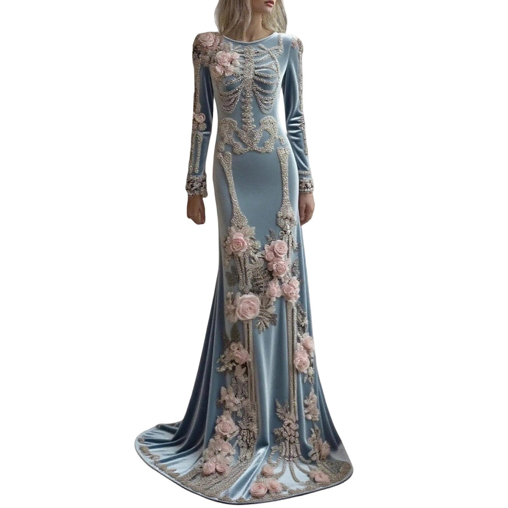 Women Halloween Skeleton Mermaid Dress, Velvet Long Sleeve Bodycon Gown with 3D Floral Appliques, Floor‑Trailing Gothic Costume for Party Cosplay L