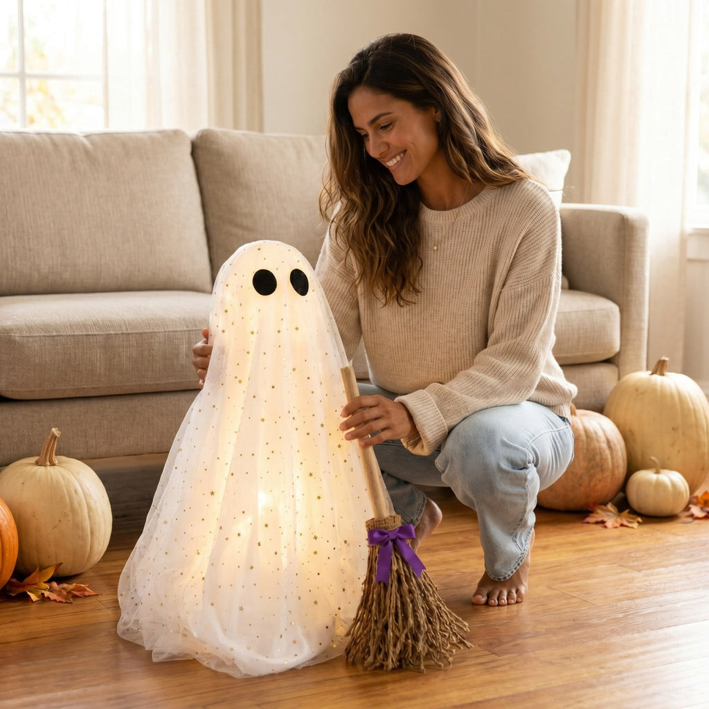 2 Pack Light Up Standing Tulle Ghost Halloween Decorations with Witch Hat, Warm LED Fairy Light Ghost Yard Stakes, Spooky Cute Ghost Outdoor Lawn Porch Mantel Home Halloween Party Decor