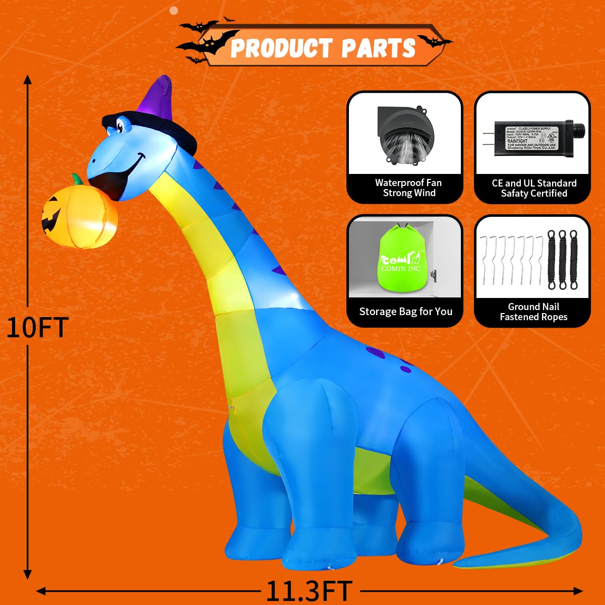 COMIN Halloween Inflatables 10 FT Tall Dinosaurs Eating Pumpkin with Shake Head Blow Up Yard Decoration with Built-in LED for Yard Garden Party Lawn