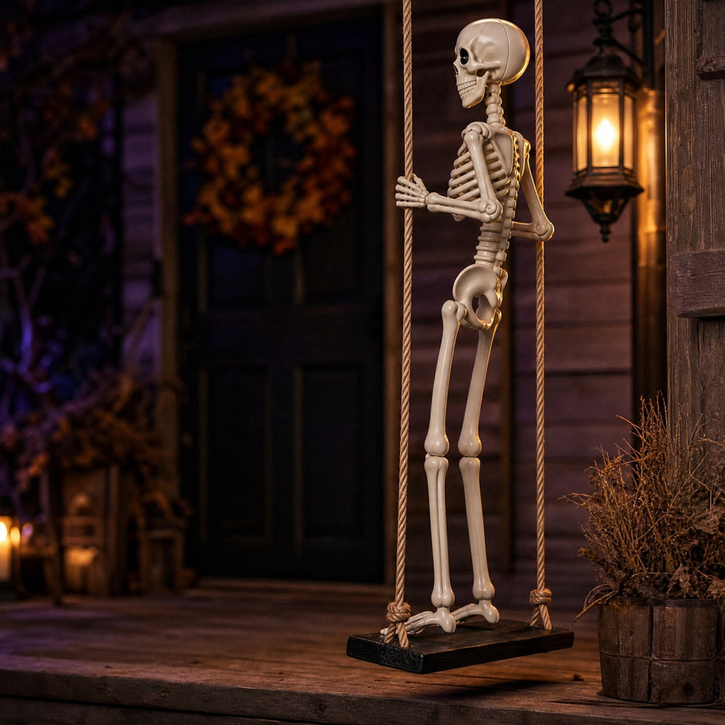 XHKUYI Halloween Swinging Skeleton Decoration 35.4 inch, Hanging Skeleton with Black Wood Base, Spooky Halloween Skeleton Decorations for Yard, Porch, Tree, Party