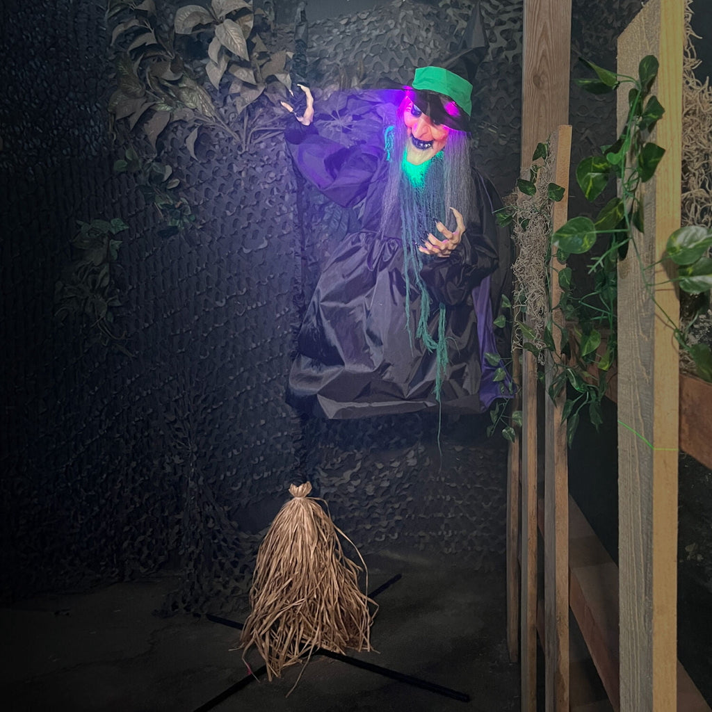 Haunted Hill Farm 6.0-Ft. Touch-Activated Mounted Flying Witch Halloween Animatronic