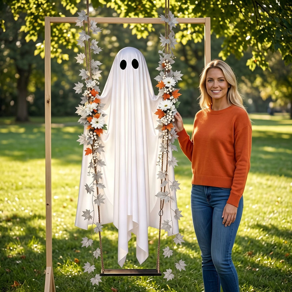 Outdoor Halloween Decorations Gaslight Ghoul, 79" Tall Hanging Skeleton Holding Street Light with Creepy Blue Eyes, Tattered Robe Ghost Decor for Yard Patio Walkway, Front Porch, Road