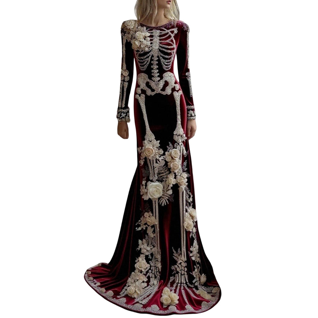 Women Halloween Skeleton Mermaid Dress, Velvet Long Sleeve Bodycon Gown with 3D Floral Appliques, Floor‑Trailing Gothic Costume for Party Cosplay L