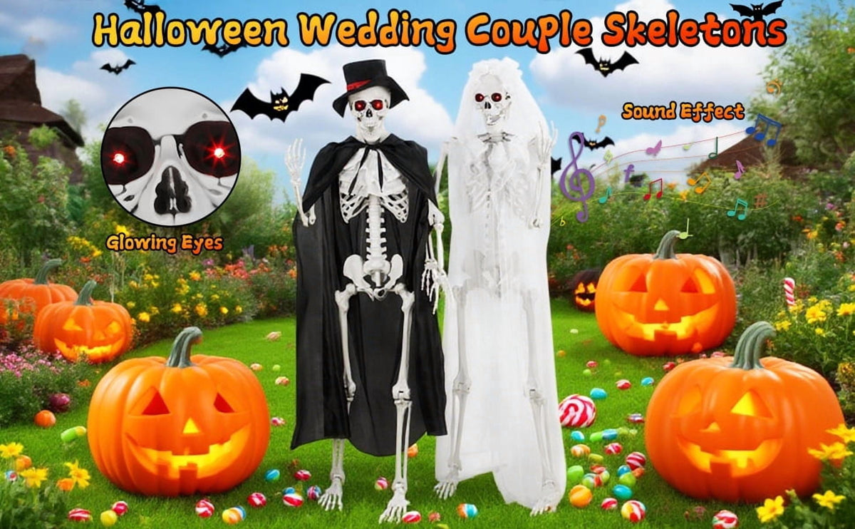 Floseru Life Size Halloween Skeleton Couple, Bride & Groom Set with Glowing Eyes, Poseable Joints, for Spooky Indoor Outdoor Display