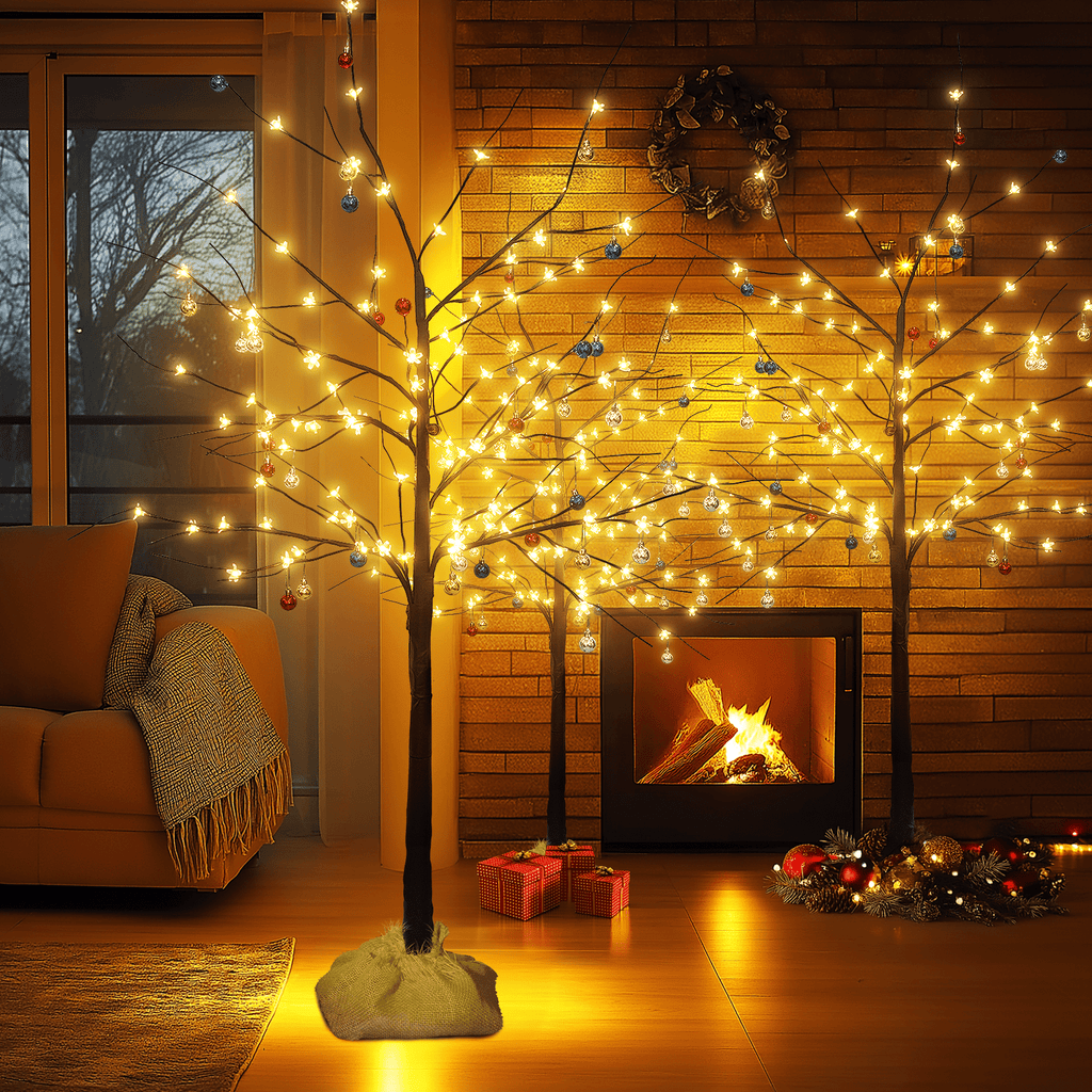 LinkRomat 3-Piece 4ft–6ft Pre-Lit Birch Christmas Tree Set with 200 LED Lights and 24 Ornaments, Christmas Decorations for Indoor Outdoor Home, Black